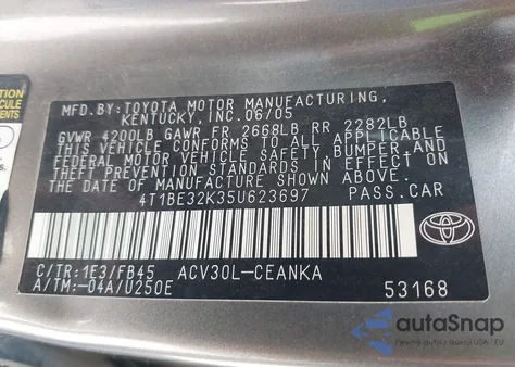 2005 Toyota Camry Le from USA, damaged, VIN 4T1BE32K35U623697